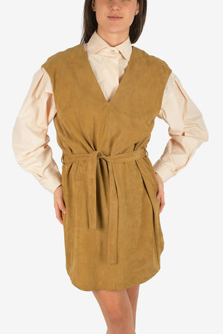 V-Neck Suede Leather Tunic Dress with Belt