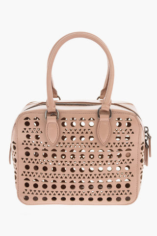 Laser cut Leather Mini Bowler Bag with Removable Shoulder Strap 