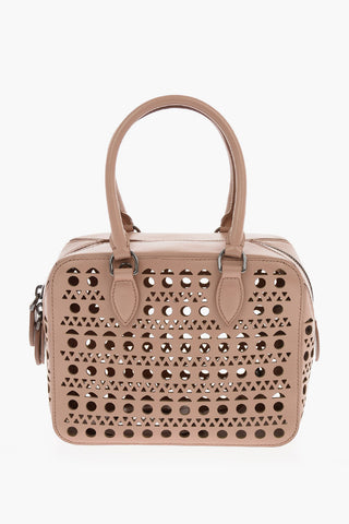 Laser cut Leather Mini Bowler Bag with Removable Shoulder Strap 