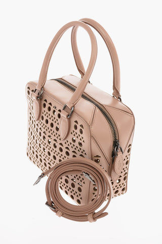 Laser cut Leather Mini Bowler Bag with Removable Shoulder Strap 