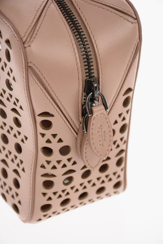 Laser cut Leather Mini Bowler Bag with Removable Shoulder Strap 