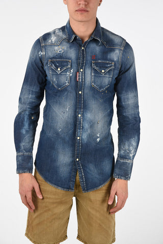 Camicia in Denim Effetto Vintage con Bottoni Automatici