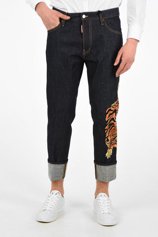 19cm Tiger-Embroidery Low-Waist RUN DAN Cropped Jeans