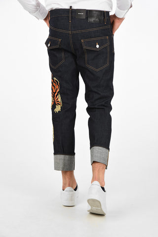 19cm Tiger-Embroidery Low-Waist RUN DAN Cropped Jeans