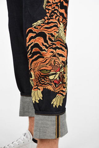 19cm Tiger-Embroidery Low-Waist RUN DAN Cropped Jeans