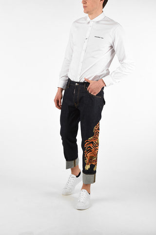 19cm Tiger-Embroidery Low-Waist RUN DAN Cropped Jeans
