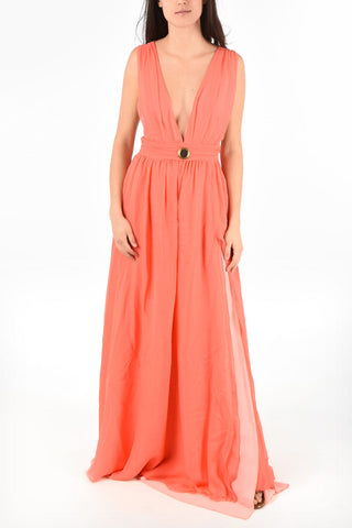 Split-Side Hem Plunging Neckline Silk Floor length Dress