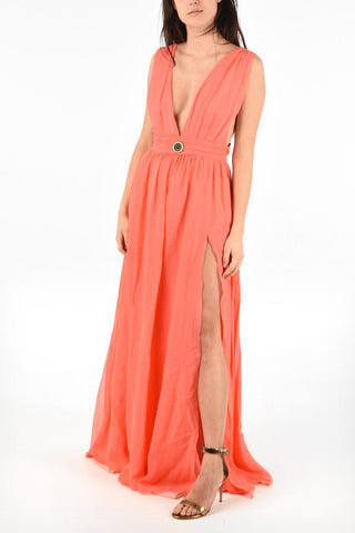 Split-Side Hem Plunging Neckline Silk Floor length Dress