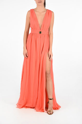 Split-Side Hem Plunging Neckline Silk Floor length Dress