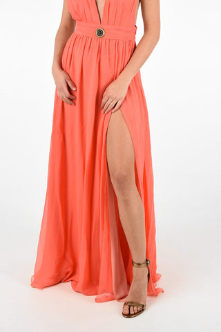 Split-Side Hem Plunging Neckline Silk Floor length Dress