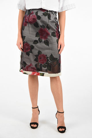 MM0 Roses-Print Silk Longuette Skirt