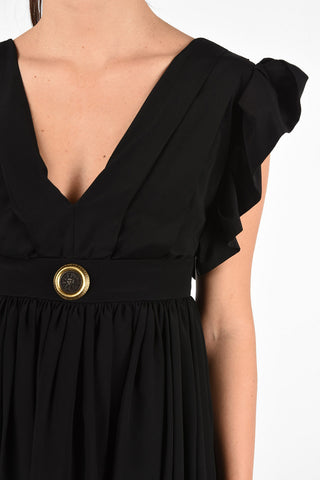 V-Neck Silk Blend Empire Dress with Ruffled