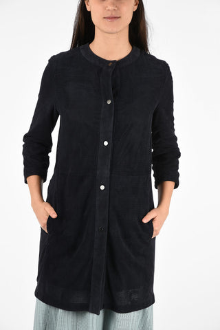 Openwork Suede Leather Overcoat With Snap Button