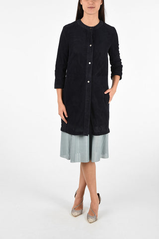 Openwork Suede Leather Overcoat With Snap Button