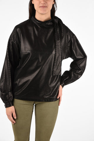 Openwork Leather Tie Neck Blouse