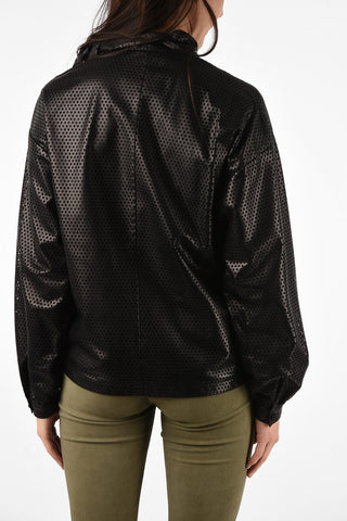 Openwork Leather Tie Neck Blouse