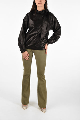 Openwork Leather Tie Neck Blouse