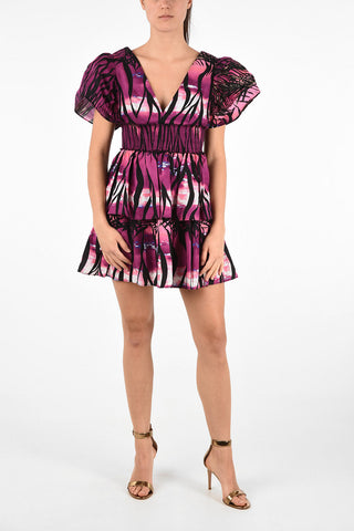 V-Neck Printed Flounced Mini Dress with leg-o-mutton Sleeve