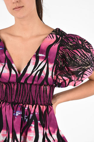V-Neck Printed Flounced Mini Dress with leg-o-mutton Sleeve