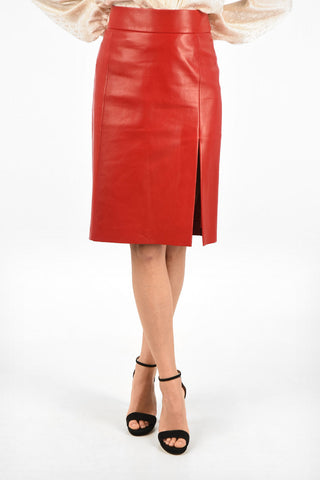 Split Front Hem Leather Knee Length Skirt