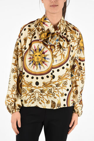 Floral-Print Silk Tie Neck Blouse