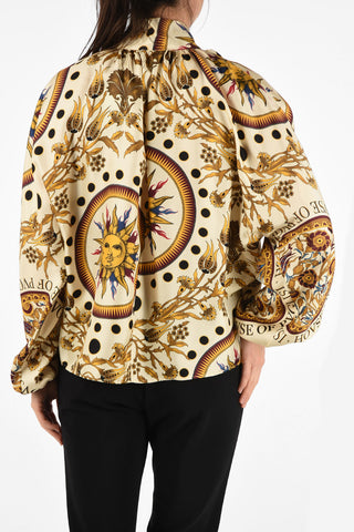 Floral-Print Silk Tie Neck Blouse