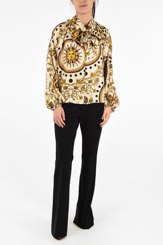 Floral-Print Silk Tie Neck Blouse
