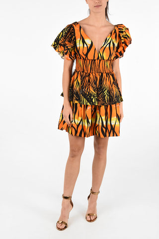 V-Neck Printed Flounced Mini Dress with leg-o-mutton Sleeve