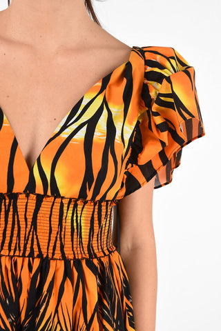 V-Neck Printed Flounced Mini Dress with leg-o-mutton Sleeve
