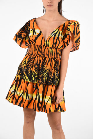 V-Neck Printed Flounced Mini Dress with leg-o-mutton Sleeve