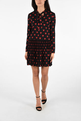  Heart Printed Long Sleeve Mini Dress with Bow