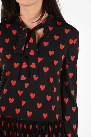  Heart Printed Long Sleeve Mini Dress with Bow