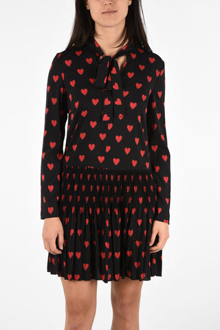  Heart Printed Long Sleeve Mini Dress with Bow