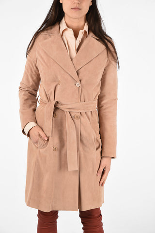 Suede Leather Double Breasted Coat with Belt