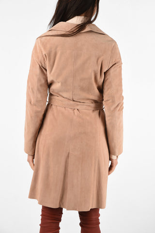 Suede Leather Double Breasted Coat with Belt