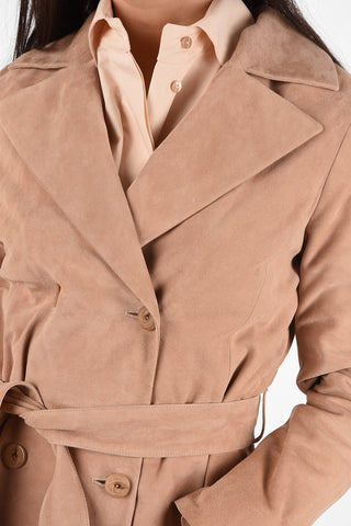 Suede Leather Double Breasted Coat with Belt