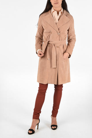 Suede Leather Double Breasted Coat with Belt