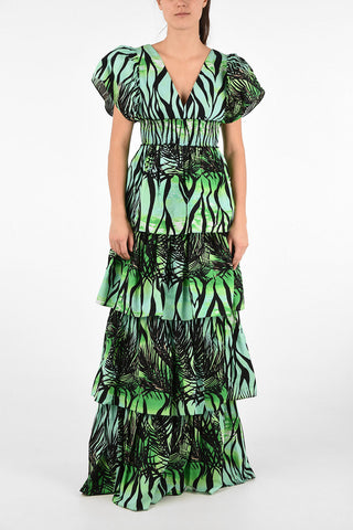 Printed V-Neck Floor Length Flounced Dress