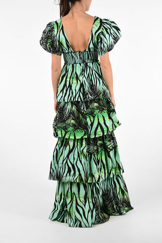 Printed V-Neck Floor Length Flounced Dress