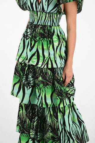 Printed V-Neck Floor Length Flounced Dress