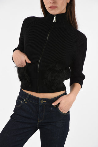 Real Fur Details Crop Sweater with Zip Closure