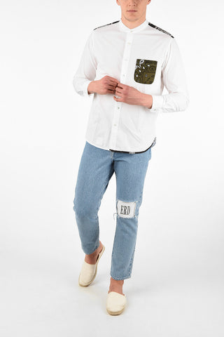 Camicia MAURITIUS in Cotone con Collo Coreano e Tasca a Toppa