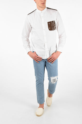 Camicia MAURITIUS in Cotone con Collo Coreano e Tasca a Toppa