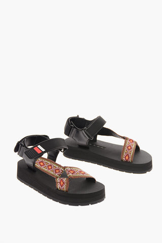 Fabric Sandals with Leather Details and Touch Strap Closure  
