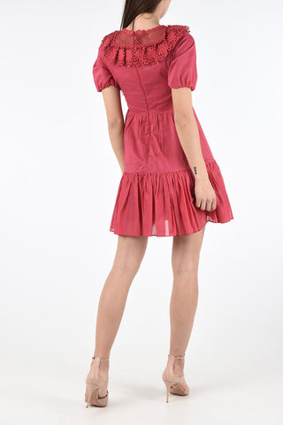 Flounced Mini Dress with Floral Embroidery