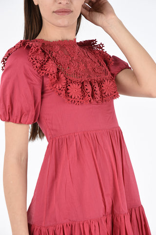 Flounced Mini Dress with Floral Embroidery