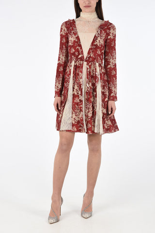 Silk Floral Mini Flared Dress with Lace Inserts 