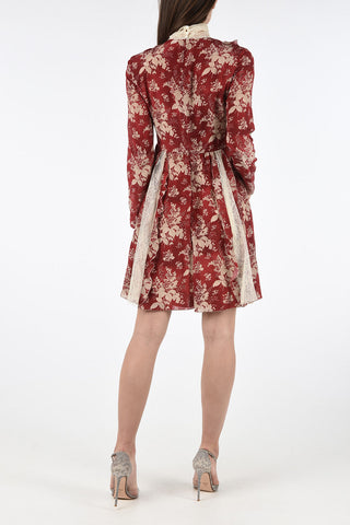 Silk Floral Mini Flared Dress with Lace Inserts 
