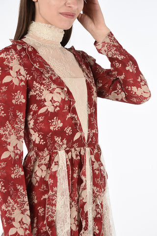 Silk Floral Mini Flared Dress with Lace Inserts 