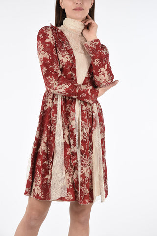 Silk Floral Mini Flared Dress with Lace Inserts 